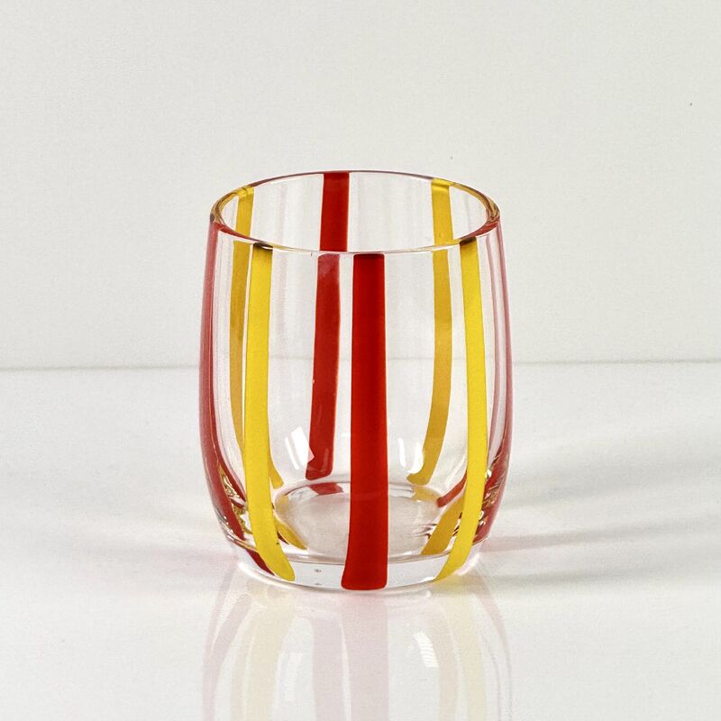 गुणवत्ता Hand Blown Colored Cane Striped Glass Tumbler & Bowl Set, Murano Style Red Yellow Vertical Stripe Drinking Cups and Snack Bowl, Lead-Free Art Glass for Water, Juice, Table Decor कारखाना