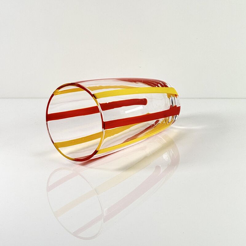 गुणवत्ता Hand Blown Colored Cane Striped Glass Tumbler & Bowl Set, Murano Style Red Yellow Vertical Stripe Drinking Cups and Snack Bowl, Lead-Free Art Glass for Water, Juice, Table Decor कारखाना