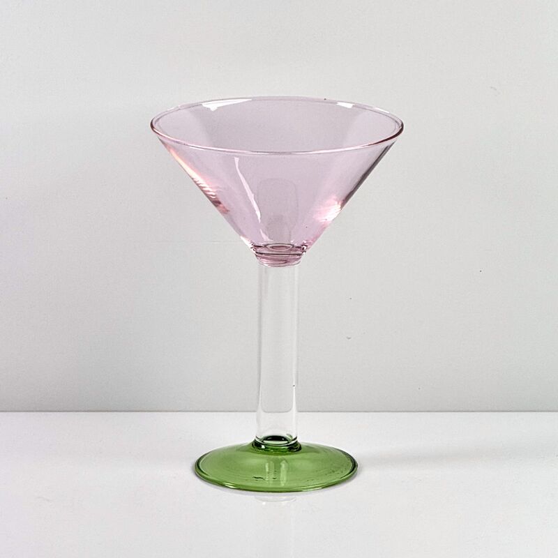 गुणवत्ता Hand Blown Borosilicate Stemmed Wine & Cocktail Glass Set, Pink Bowl with Green Hollow Stem Base, Colored Spray Tinted Art Goblets for Bar, Wedding & Table Decor कारखाना