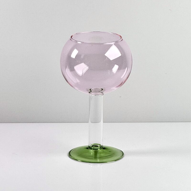 गुणवत्ता Hand Blown Borosilicate Stemmed Wine & Cocktail Glass Set, Pink Bowl with Green Hollow Stem Base, Colored Spray Tinted Art Goblets for Bar, Wedding & Table Decor कारखाना