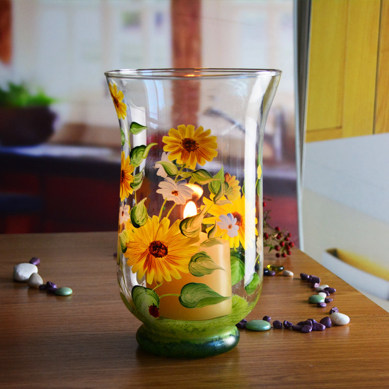 गुणवत्ता Hand Painted Sunflower Pattern Glass Candle Holders For Home फैक्टरी