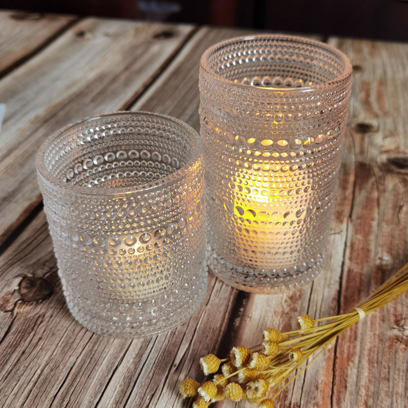 गुणवत्ता Customized Embossed Beads Strings Glass Votive Candle Holders ,  Glass Cylinder Candle Holders फैक्टरी