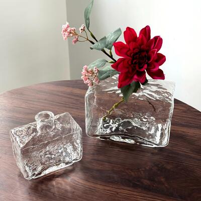 गुणवत्ता Rectangular Clear Hammered Glass Vase - Modern Minimalist Decorative Flower Vase for Table Centerpiece फैक्टरी