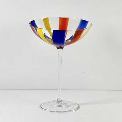 गुणवत्ता Hand Blown Art Glass Goblet & Coupe Glass Set, Vibrant Red Yellow Blue Vertical Cane Stripes Murano Style Stemmed Wine & Martini Glasses for Bar, Party & Gift कारखाना