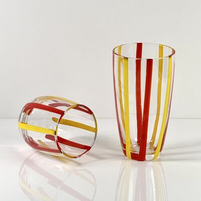 गुणवत्ता Hand Blown Colored Cane Striped Glass Tumbler & Bowl Set, Murano Style Red Yellow Vertical Stripe Drinking Cups and Snack Bowl, Lead-Free Art Glass for Water, Juice, Table Decor कारखाना