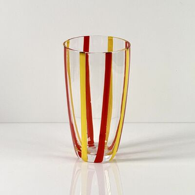 गुणवत्ता Hand Blown Colored Cane Striped Glass Tumbler & Bowl Set, Murano Style Red Yellow Vertical Stripe Drinking Cups and Snack Bowl, Lead-Free Art Glass for Water, Juice, Table Decor कारखाना