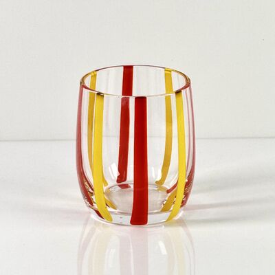 गुणवत्ता Hand Blown Colored Cane Striped Glass Tumbler & Bowl Set, Murano Style Red Yellow Vertical Stripe Drinking Cups and Snack Bowl, Lead-Free Art Glass for Water, Juice, Table Decor कारखाना